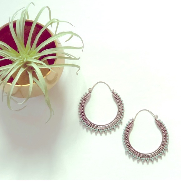 Large Silver Beaded Turquoise Hoops - Picture 4 of 5